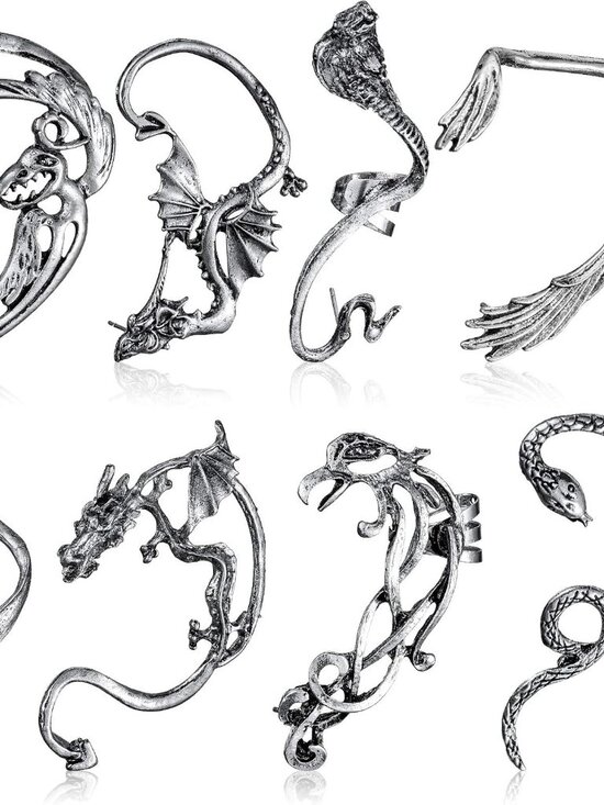 Jewelry - 8 Pcs Punk Earrings Dragon Ear Cuff Vintage Retro Snake Bat Crow Ear Climber Ear
